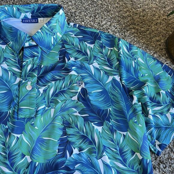 Hreski Men's S Performance Golf Polo Blue/Green Hawaiian Floral Palms Shirt New - Picture 2 of 5